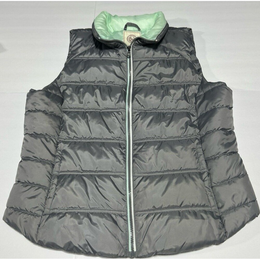 SO Women's XL Gray Puffer Vest with Mint Green Lining